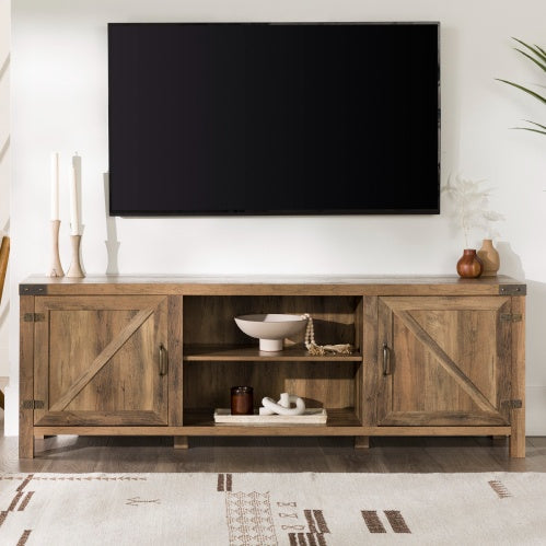 Rustic Farmhouse Double Barn Door TV Stand For TVs With Center Shelves