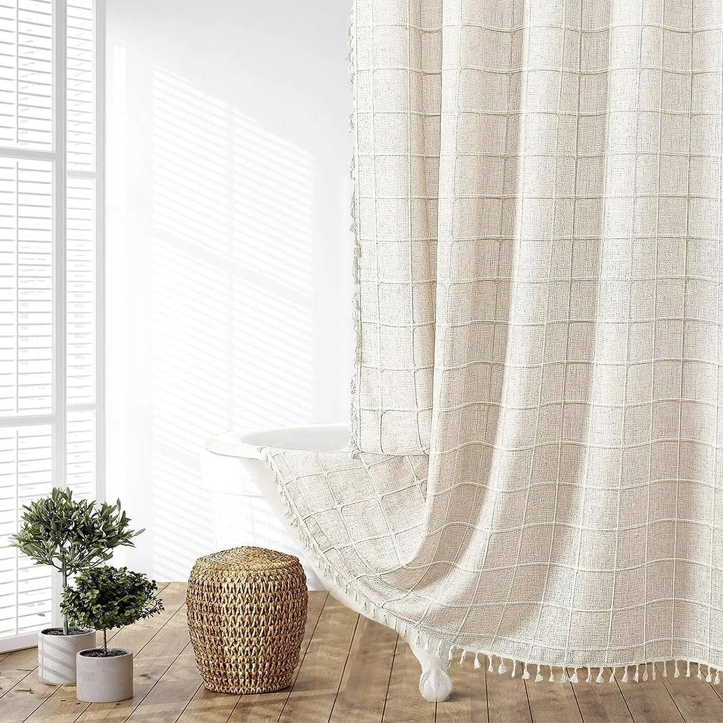 72-inch Farmhouse Beige Cotton Linen Blend Shower Curtain with Boho