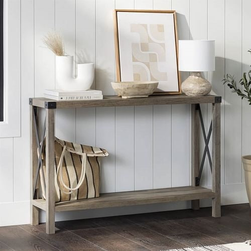 Industrial Farmhouse Entryway Table / Console Table in Taupe Grey Wood