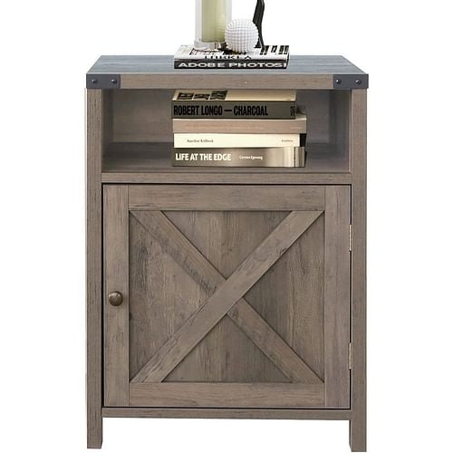 Farmhouse Style End Table Barn Door Nightstand with Open Shelf in