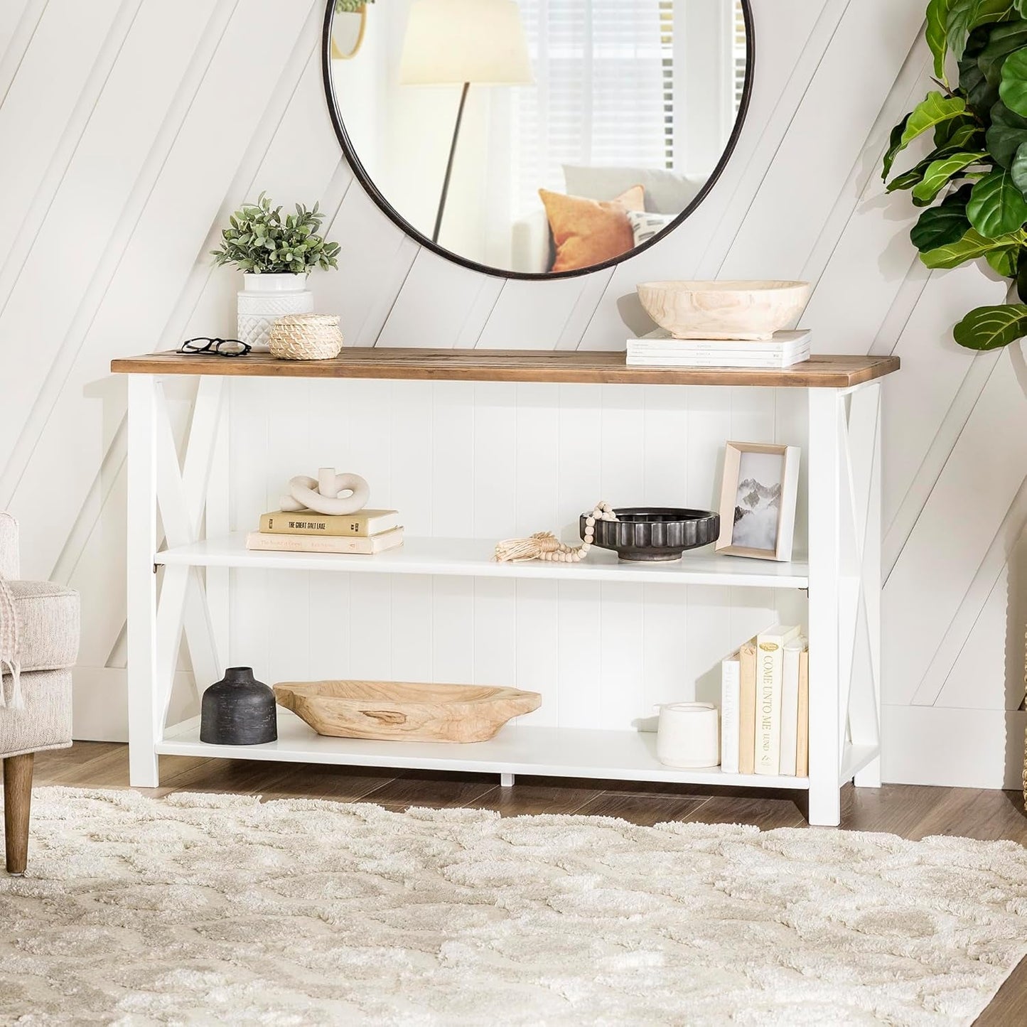 2 Tier Modern Farmhouse Wood Bookcase Bookshelf Storage Home Office