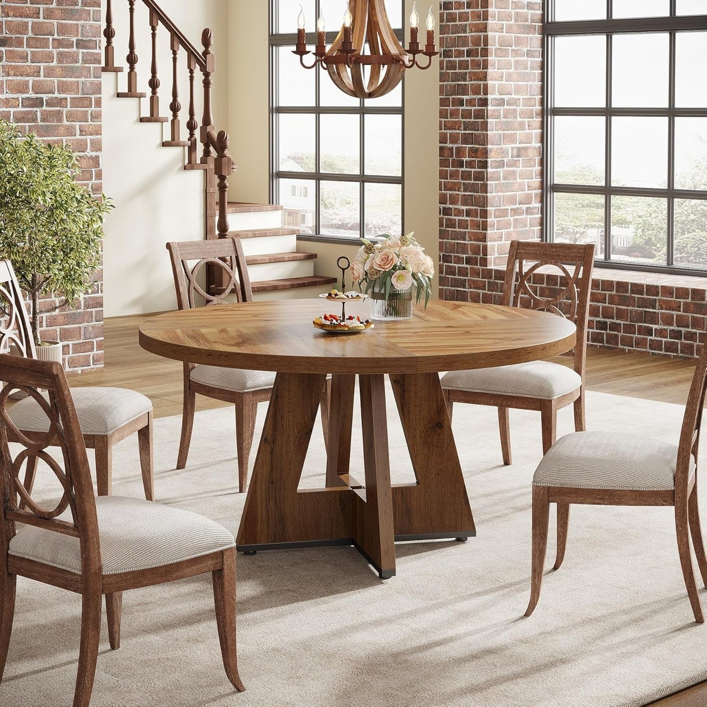 Farmhouse Dining Table, 47 Inch round Dinner Table for 4, Rustic round
