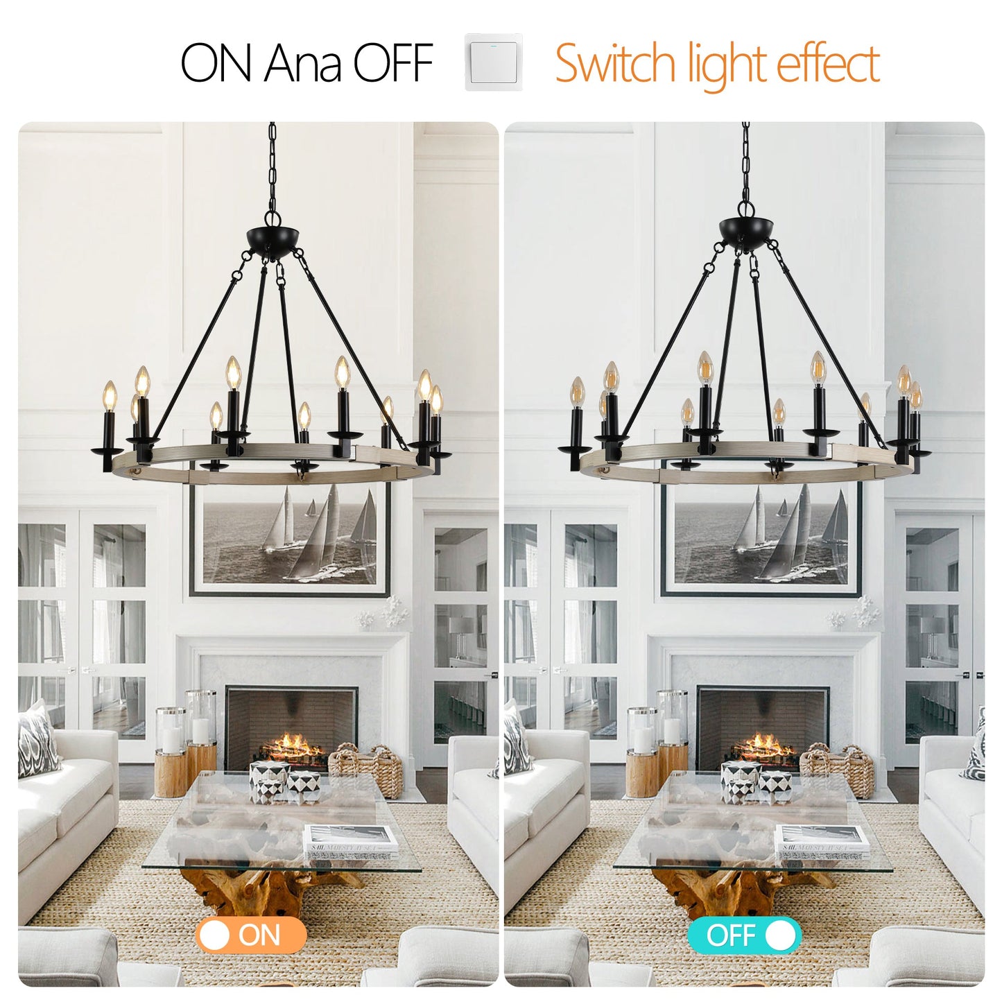 Rustic Farmhouse 10-Light Candle Chandelier, Black Metal and Wood