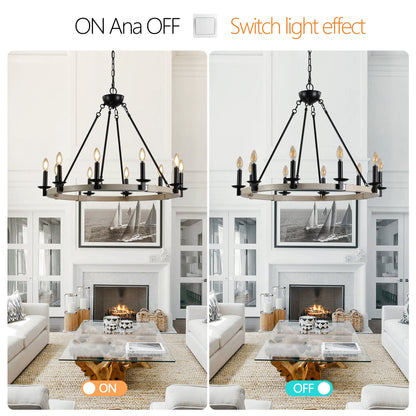 Rustic Farmhouse 10-Light Candle Chandelier, Black Metal and Wood