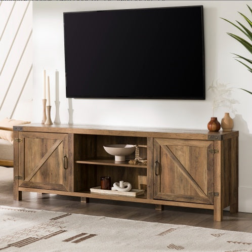 Rustic Farmhouse Double Barn Door TV Stand For TVs With Center Shelves