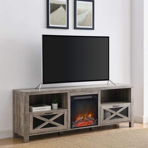 Industrial Farmhouse Metal Mesh Drop-Down X-Door Fireplace TV Stand
