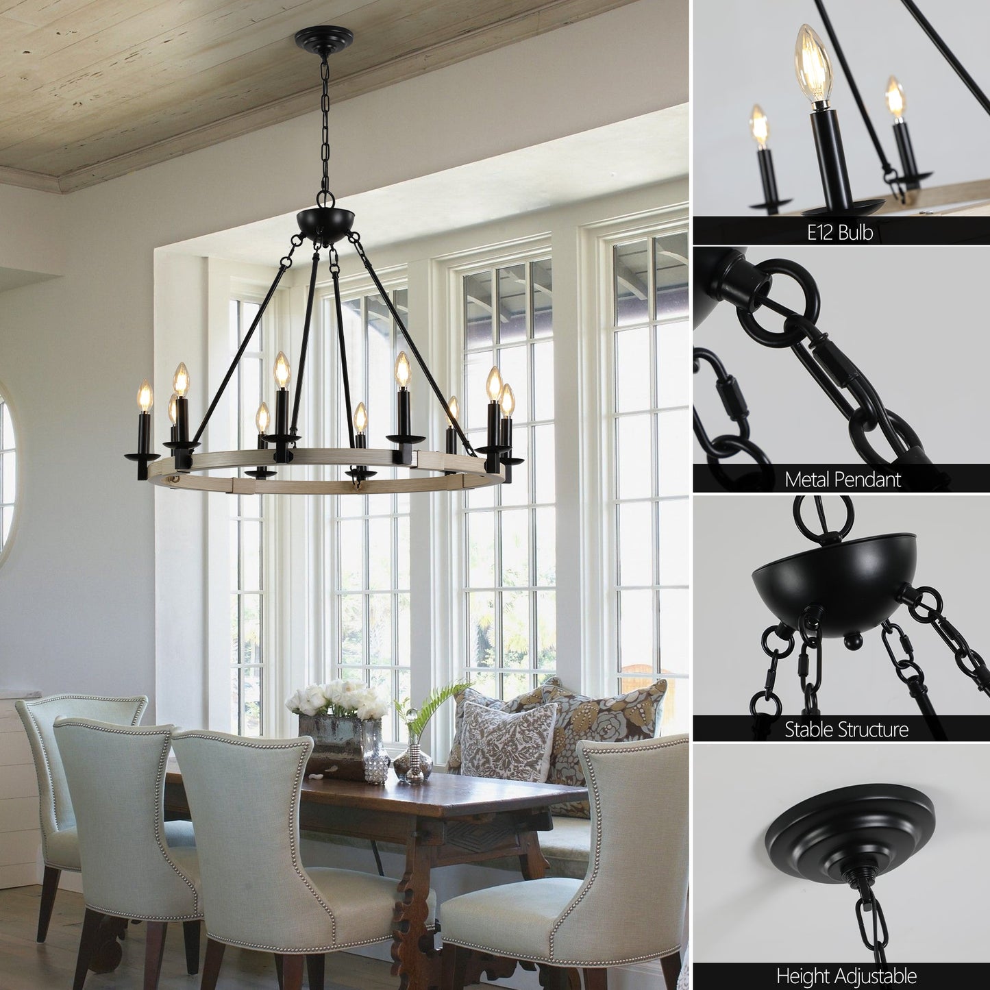 Rustic Farmhouse 10-Light Candle Chandelier, Black Metal and Wood