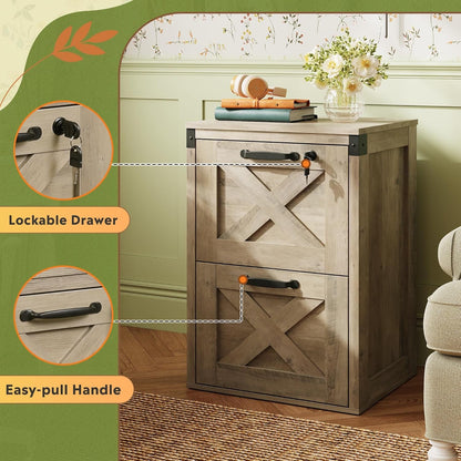 2 Drawer File Cabinet with Lock, Wood Farmhouse Filing Cabinet for