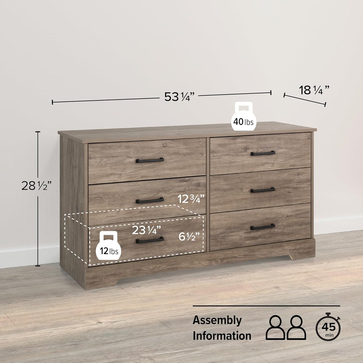 Rustic Ridge Farmhouse 6-Drawer Double Dresser, Brown Dresser for