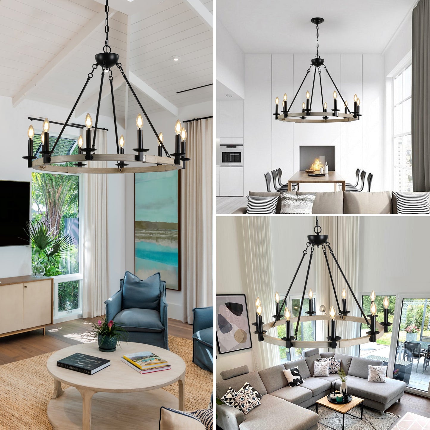 Rustic Farmhouse 10-Light Candle Chandelier, Black Metal and Wood