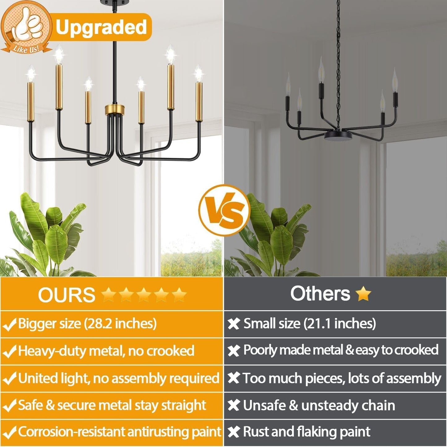 Black and Gold Chandelier, 6-Light Farmhouse Chandelier for Dining