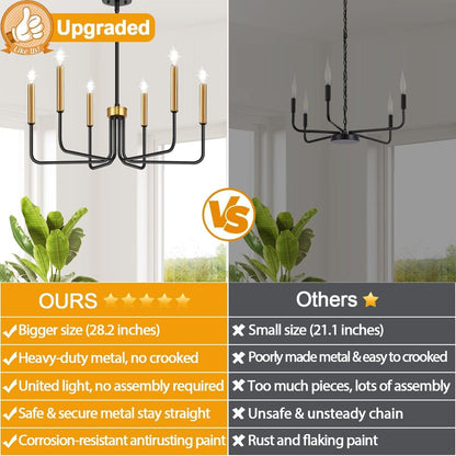 Black and Gold Chandelier, 6-Light Farmhouse Chandelier for Dining