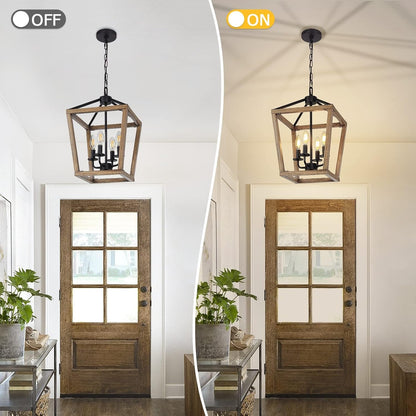 4-Light Farmhouse Chandelier Rustic Wood Cage Light