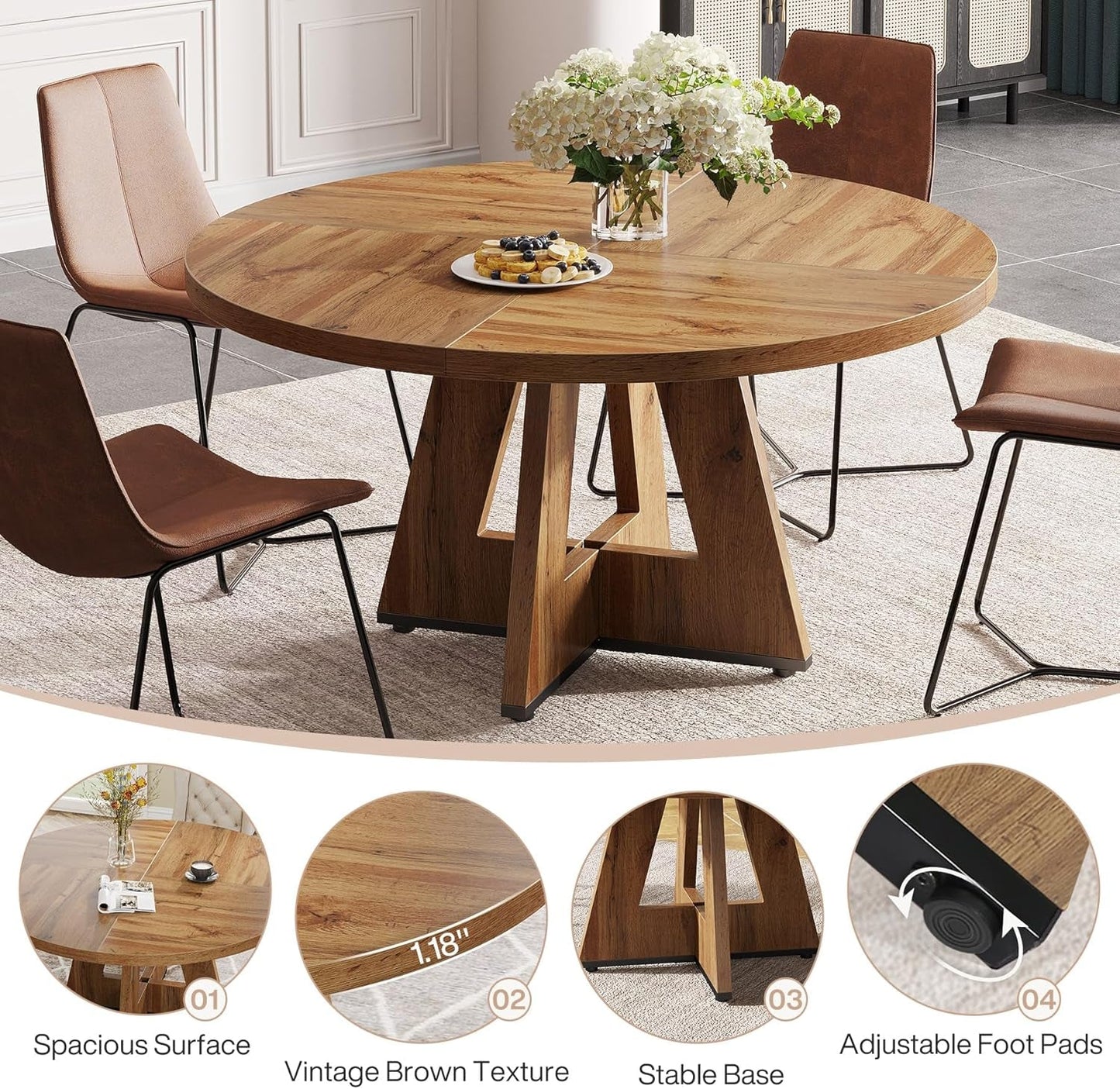 Farmhouse Dining Table, 47 Inch round Dinner Table for 4, Rustic round
