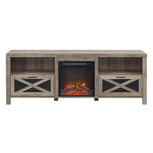 Industrial Farmhouse Metal Mesh Drop-Down X-Door Fireplace TV Stand