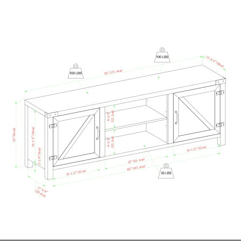Rustic Farmhouse Double Barn Door TV Stand For TVs With Center Shelves
