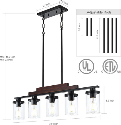 5-Light Farmhouse Linear Chandelier, Rustic Wood