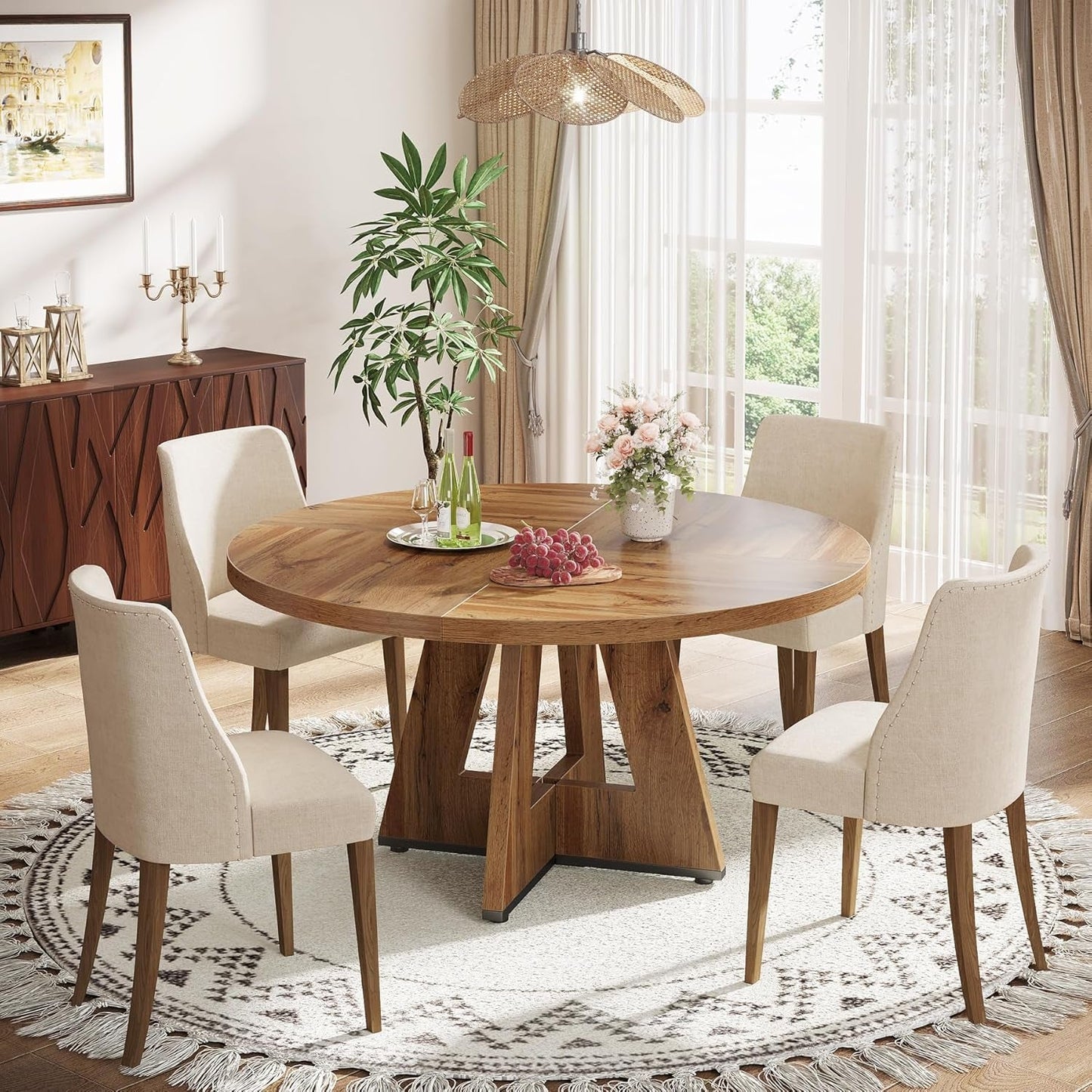 Farmhouse Dining Table, 47 Inch round Dinner Table for 4, Rustic round