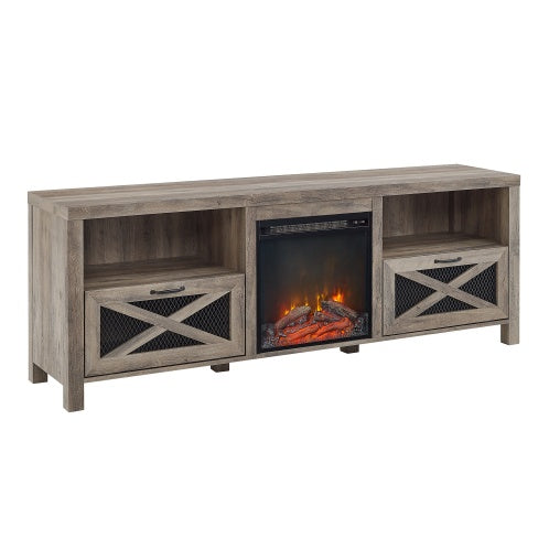 Industrial Farmhouse Metal Mesh Drop-Down X-Door Fireplace TV Stand