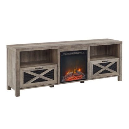 Industrial Farmhouse Metal Mesh Drop-Down X-Door Fireplace TV Stand