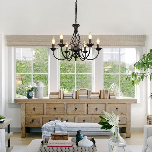 6-Light Farmhouse Candle Chandelier for Living Room, Rustic Industrial