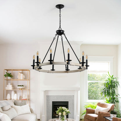 Rustic Farmhouse 10-Light Candle Chandelier, Black Metal and Wood