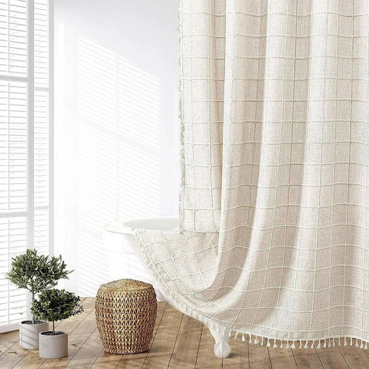 72-inch Farmhouse Beige Cotton Linen Blend Shower Curtain with Boho