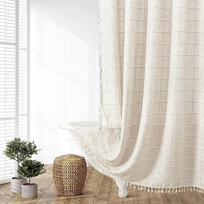 72-inch Farmhouse Beige Cotton Linen Blend Shower Curtain with Boho