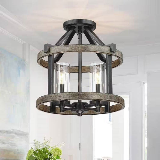Round 4-Light 12.5-inch Metal Wood Farmhouse Ceiling Lamp - Semi-Flush