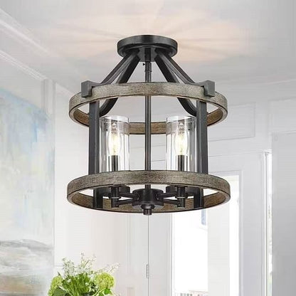 Round 4-Light 12.5-inch Metal Wood Farmhouse Ceiling Lamp - Semi-Flush