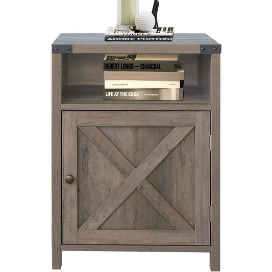 Farmhouse Style End Table Barn Door Nightstand with Open Shelf in