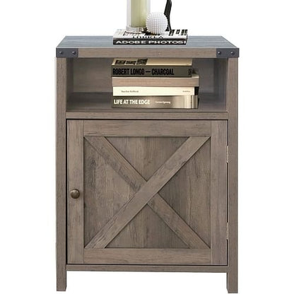 Farmhouse Style End Table Barn Door Nightstand with Open Shelf in