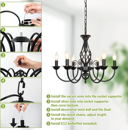 6-Light Farmhouse Candle Chandelier for Living Room, Rustic Industrial