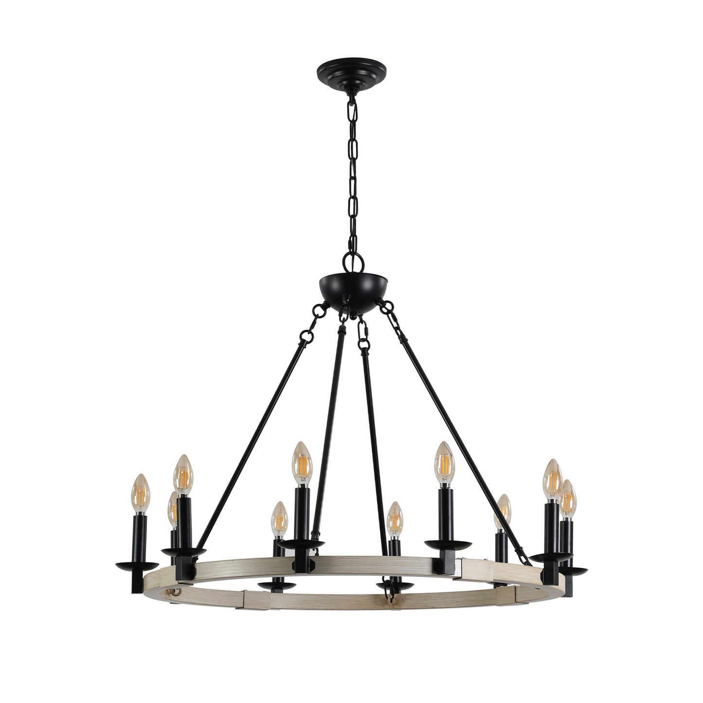 Rustic Farmhouse 10-Light Candle Chandelier, Black Metal and Wood
