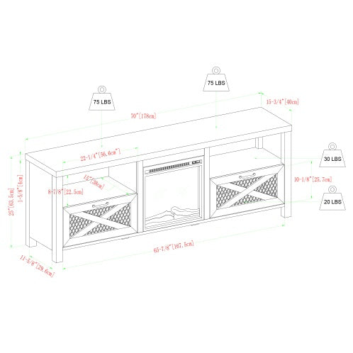 Industrial Farmhouse Metal Mesh Drop-Down X-Door Fireplace TV Stand