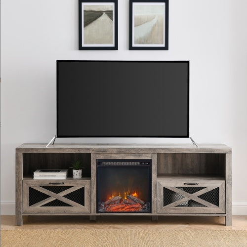 Industrial Farmhouse Metal Mesh Drop-Down X-Door Fireplace TV Stand