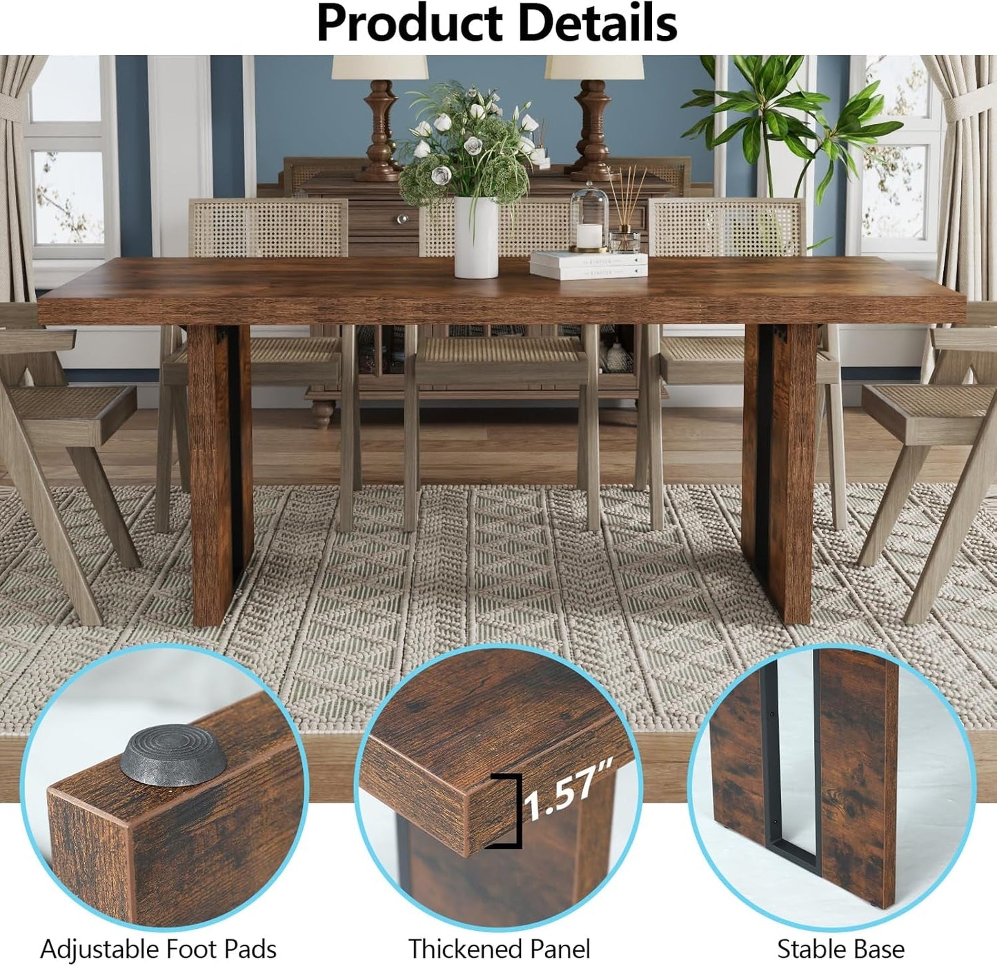71" Large Dining Table, Rustic Farmhouse Dinner Table for 6 to 8